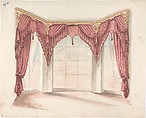 Design for Red Curtains with Red Fringes and a Gold Pediment, Anonymous, British, 19th century British, Pen and ink, brush and wash, watercolor