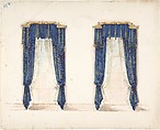Design for Blue and Gold Curtains with Gold Fringes and a Gold Pediment, Anonymous, British, 19th century British, Pen and ink, brush and wash, watercolor