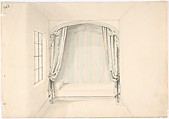 Design for a Canopied Bed with Pale Blue and White Hangings, Anonymous, British, 19th century British, Pen and ink, brush and wash, watercolor