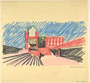 Exterior Perspective from Entrance Court of the Museum of Contemporary Art, Los Angeles, Arata Izozaki  Japanese, Color pencil