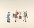 Chinese Woman, Man with Legs Chained and Another Carrying Parasol and Bundle, Anonymous, Chinese, 19th century  Chinese, Watercolor and gouache