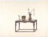 Table with Ornamental Objects, Anonymous, Chinese, 19th century  Chinese, Pen and ink and gouache