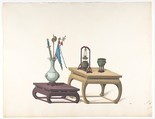 Two Low Tables with Ornamental Objects, Anonymous, Chinese, 19th century  Chinese, Pen and ink and gouache