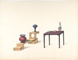 Two Tables, One Blond the Other Purple Lacquer, both with Vases and Objects, Anonymous, Chinese, 19th century  Chinese, Pen and ink and gouache