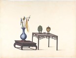 Two Tables, One Low with Large Vase and Objects, One Higher with Covered Pot, Lion and Small Bowl, Anonymous, Chinese, 19th century  Chinese, Pen and ink and gouache