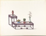 Two Tables with a Purple Finish, One with a Red Vase, the Other with Three Vases, Anonymous, Chinese, 19th century  Chinese, Pen and ink and gouache