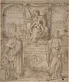 Madonna and Child Enthroned with Saint Basil the Great and Saint John the Baptist and Donor, Niccolò dell' Abate (Italian, Modena 1509–1571 Fontainebleau (?)), Pen and brown ink, brush and brown wash. Mounted on board