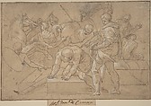 Historical Scene (Composition Study for Chapelle de Guise), Niccolò dell' Abate (Italian, Modena 1509–1571 Fontainebleau (?)), Pen and brown ink, highlighted with white gouache over traces of black chalk; framing outlines with pen and brown ink