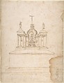 Design for a Tabernacle Surmounted by Christ on the Cross and Praying Figures (the Virgin and Saint John?), Galeazzo Alessi (Italian, Perugia 1512–1572 Perugia), Pen and brown ink over traces of preliminary constructions in graphite, brush and light brown wash