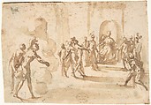 Aeneas and Achates Entering Dido's Palace in a Cloud, Francesco Allegrini Italian, Pen and brown ink, brush and brown wash, over black chalk; framing lines in black chalk, and in pen and brown ink on mount