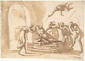 The Death of Dido, Francesco Allegrini Italian, Pen and brown ink, brush and brown wash, over black chalk; framing lines in pen and brown ink on mount