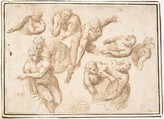Group of Figures Copied from Michelangelo's Last Judgment, Francesco Allegrini Italian, Pen and brown ink, over traces of black chalk; framing lines in pen and brown ink on mount