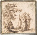 Unidentified Subject (Two Falling Figures and Two Standing Women in a Landscape), Francesco Allegrini Italian, Pen and brown ink; framing lines in pen and brown ink on mount