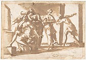 The Departure of Aeneas Announced to Dido?, Francesco Allegrini Italian, Pen and brown ink, brush and brown wash, over black chalk; framing lines in red chalk