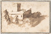 Landscape with a Fortified Building, Francesco Allegrini Italian, Pen and brown ink, brush and brown wash; framing lines in pen and brown ink on mount