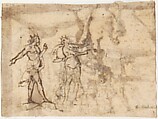 Aeneas Carrying Anchises in the Burning of Troy, attributed to Francesco Allegrini (Italian, Cantiano (?) 1615/20–after 1679 Gubbio (?)), Pen and brown ink, brush and brown wash; framing lines in pen and brown ink on mount