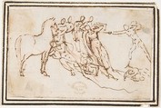 Unidentified Subject (Nine Figures and a Horse), Francesco Allegrini Italian, Pen and brown ink, over red chalk; framing lines in pen and brown ink on mount