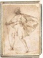 Standing Male Figure with Cloak and Staff, Francesco Allegrini Italian, Pen and brown ink; framing lines in pen and brown ink on mount