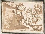 Landscape with Figures: The Silver Age, Francesco Allegrini Italian, Pen and brown ink, brush and brown wash; framing lines in black chalk, and in pen and brown ink on mount