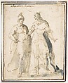 Two Standing Male Figures in Antique Military Costume, Francesco Allegrini Italian, Pen and brown ink, brush with brown and blue wash. Framing lines in pen and brown ink on mount