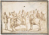 Group of Horsemen, Francesco Allegrini Italian, Pen and brown ink. Framing lines in pen and brown ink on mount