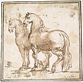 Two Horses, Francesco Allegrini Italian, Pen and brown ink; framing lines in pen and brown ink on mount