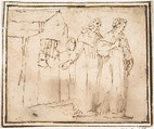 Two Monastic Figures Standing before a Church, Francesco Allegrini Italian, Pen and brown ink; framing lines in pen and brown ink on mount