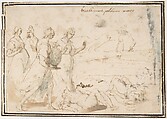 The Death of Polyxena, Francesco Allegrini Italian, Pen and brown ink, brush and brown wash; double framing lines in pen and brown ink on mount