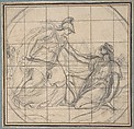Design for a Medallion: Huntress Kneeling before an Armed Goddess, Eustache Le Sueur (French, Paris 1616–1655 Paris), Black chalk, squared in black chalk; framing lines in brown ink