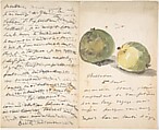 A Letter to Eugène Maus, Decorated with Two Apples, Edouard Manet (French, Paris 1832–1883 Paris), Watercolor, pen and ink on wove paper