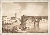 A View of the Tiber from the North Bank, with the Temple of Vesta, the Campanile of S. Maria in Cosmedin and the Ponte Rotto, Achille-Etna Michallon (French, Paris 1796–1822 Paris), Brush and brown wash over traces of  black chalk. Framing lines in pen and brown ink.