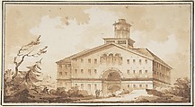 A Building, Misbach (French, active ca. 1800), Pen and brown ink, brush and brown wash