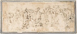 King Solomon Receiving the Queen of Sheba, Francesco Allegrini Italian, Pen and brown ink; framing lines in pen and brown ink on mount