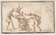 The Death of Lucretia?, Francesco Allegrini Italian, Pen and brown ink, brush and brown wash. Framing lines in pen and brown ink on mount