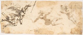 Four Flying Angels (recto); Two Flying Figures (verso), attributed to Francesco Allegrini (Italian, Cantiano (?) 1615/20–after 1679 Gubbio (?)), Pen and brown ink, brush and brown wash (recto); two flying figures in pen and brown ink (verso)