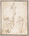 Four Figures Studies, One of a Standing Archer, attributed to Francesco Allegrini (Italian, Cantiano (?) 1615/20–after 1679 Gubbio (?)), Pen and brown ink.  Framing lines in pen and brown ink on mount