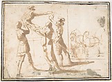 Enthroned Warrior Distributing Crowns, attributed to Francesco Allegrini (Italian, Cantiano (?) 1615/20–after 1679 Gubbio (?)), Pen and brown ink, brush and brown wash; framing lines in pen and brown ink on mount