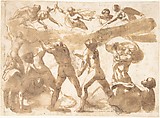 Battle of the Titans, Francesco Allegrini Italian, Pen and brown ink, brush and brown wash. Framing lines in black chalk, and pen and brown ink on mount