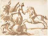 Four Horsemen in Battle, Francesco Allegrini Italian, Pen and brown ink, brush and brown wash. Framing lines in pen and brown ink on mount