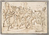 Men Carrying Jars, Francesco Allegrini Italian, Pen and brown ink, and brush and brown wash. Framing lines in pen and brown ink on mount