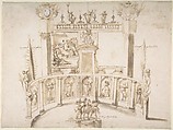Design for a Garden Fête with a Semi-circular Wall and Statues in Niches., Francesco Allegrini (Italian, Cantiano (?) 1615/20–after 1679 Gubbio (?)), Pen and brown ink, brush and brown wash over traces of graphite; some strokes cancelled with white gouache