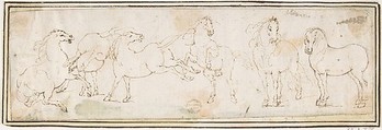 Six Horses, attributed to Francesco Allegrini (Italian, Cantiano (?) 1615/20–after 1679 Gubbio (?)), Pen and brown ink.  Framing lines in pen and brown ink on mount