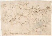 Cavalry Engagement (recto); Concert of Angels (verso), attributed to Francesco Allegrini (Italian, Cantiano (?) 1615/20–after 1679 Gubbio (?)), Pen and brown ink (recto). Faint pen and brown ink sketch of an angelic concert (verso).  Framing lines in pen and brown ink on mount