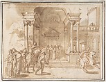 Unidentified Subject:  Figures before a Palace or Temple, attributed to Francesco Allegrini (Italian, Cantiano (?) 1615/20–after 1679 Gubbio (?)), Pen and brown ink, brush and brown wash, over a little red chalk.  Framing lines in pen and brown ink on mount