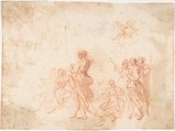 Group of Standing and Seated Female Figures (recto); Costumed Female Figure (verso), attributed to Francesco Allegrini (Italian, Cantiano (?) 1615/20–after 1679 Gubbio (?)), Red chalk (recto).  Pen and brown ink sketch of a costumed female figure (verso)