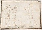 Athletes, attributed to Francesco Allegrini (Italian, Cantiano (?) 1615/20–after 1679 Gubbio (?)), Pen and brown ink.  Framing lines in pen and brown ink on mount