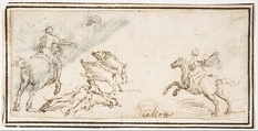Boar Hunt, attributed to Francesco Allegrini (Italian, Cantiano (?) 1615/20–after 1679 Gubbio (?)), Pen and brown ink.   Framing lines in pen and brown ink on mount