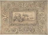 Design for a Ceiling with a Woman (Aurora?) in a Chariot and Putti (Recto). Design for an Ornamental Frieze (Verso)., Marco Angolo del Moro (Italian, Verona (?) ca. 1537–after 1586), Pen and brown ink, brush and wash over traces of black chalk or graphite (recto); pen and brown ink over red chalk (verso)