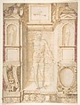 Study of a Figure in a Niche (Saint Ambrose; recto); Architectural Studies: Four Alternative Designs for Fictive Niches and an Unrelated Design with Garlands (verso), ca. 1560-67, Giuseppe Arcimboldo (Italian, Milan (?) 1527?–1593 Milan), Pen and brown ink, brush with pale brown and purple wash, over soft black chalk (recto); pen and brown ink, some sketches over black chalk (verso).  A patch with unrelated drawings by another hand, glued onto the sheet contains a cartouche design seen at lower right of recto, and an ornate garland design seen at lower left of verso