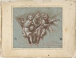 Design for a Pendentive:  Youthful Musicians with Stringed Instruments, Pomponio Amalteo  Italian, Pen and brown ink, brush and brown wash, highlighted with white, over red chalk, on blue paper